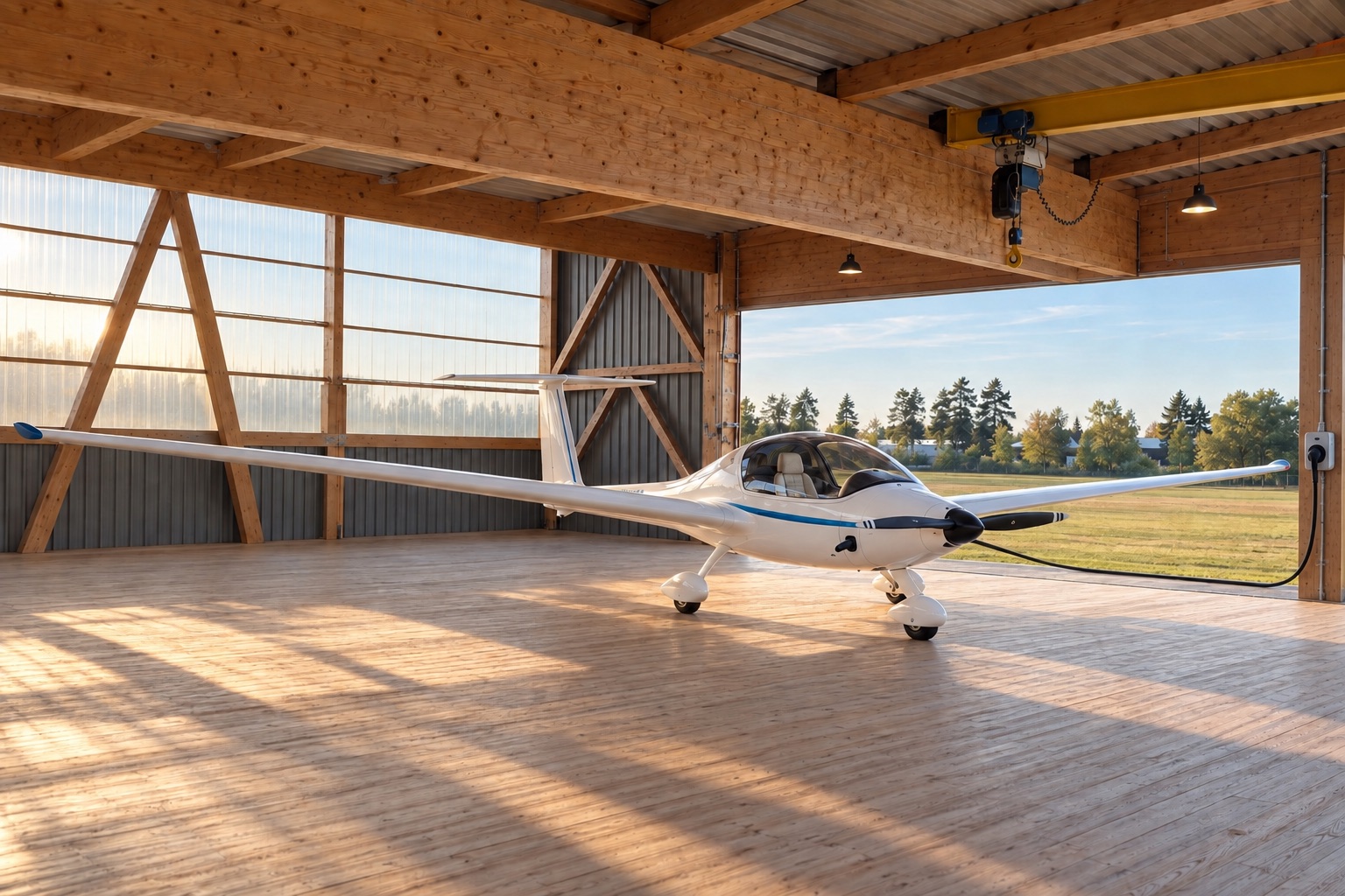 Visualisierung einer Altus-basierten elektrischen EULE an einem wandmontierten Ladeanschluss im Holztragwerk-Hangar