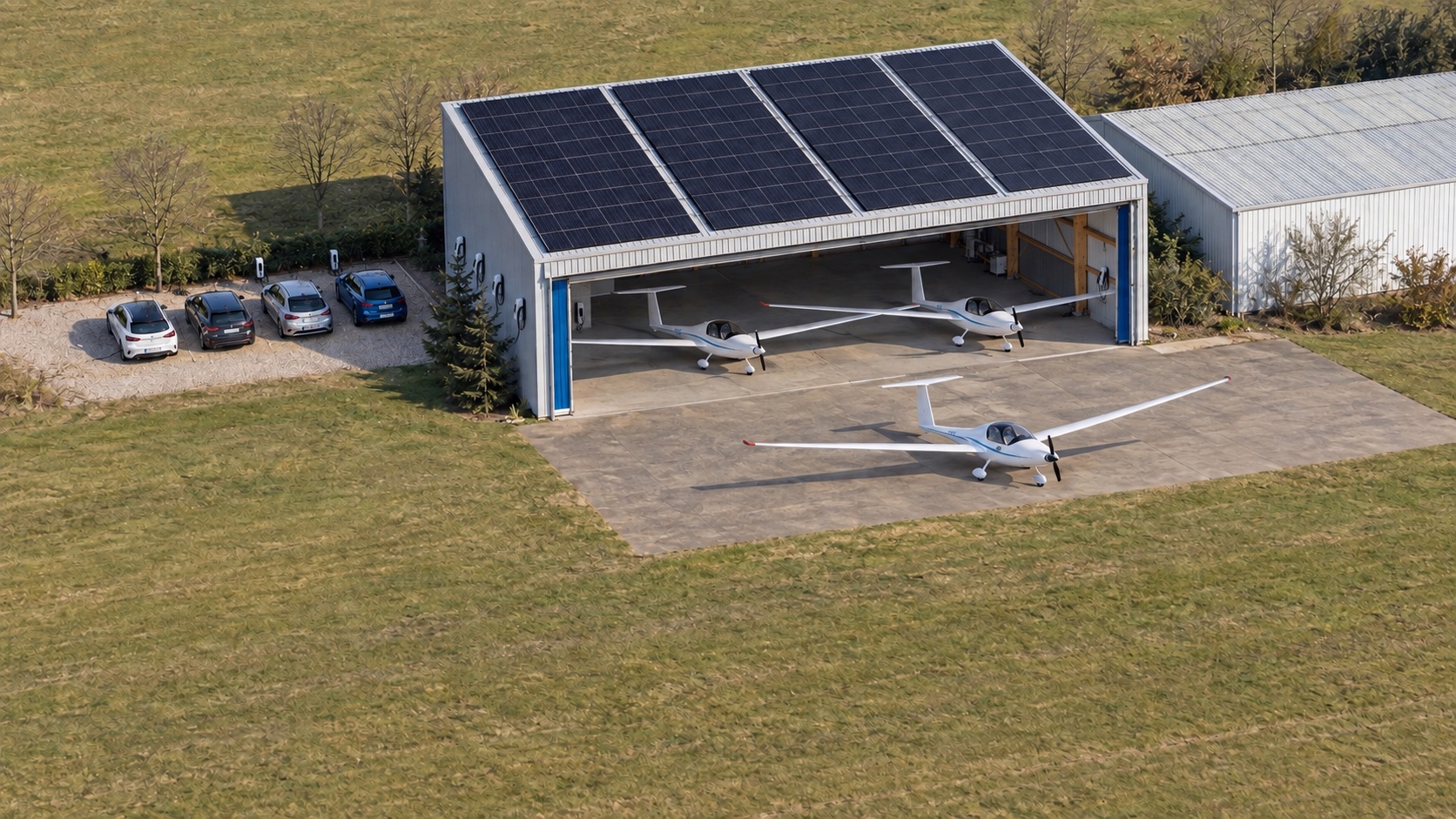 Visualisierung des Solarhangars mit freier Bewegungsfläche sowie wandmontierten Ladepunkten für Pkw und Flugzeuge